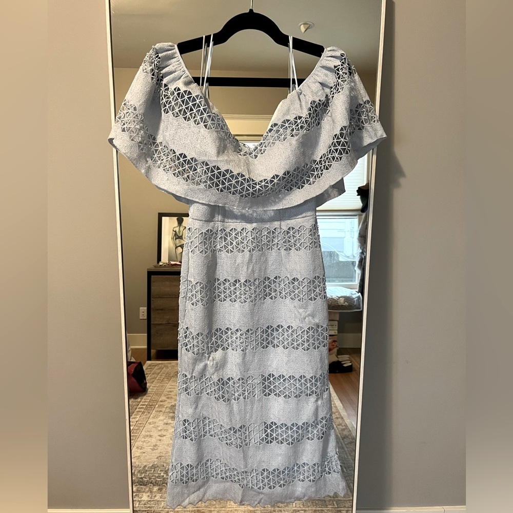 ISLA Off the Shoulder Crochet Light Blue Midi Dress - XS
